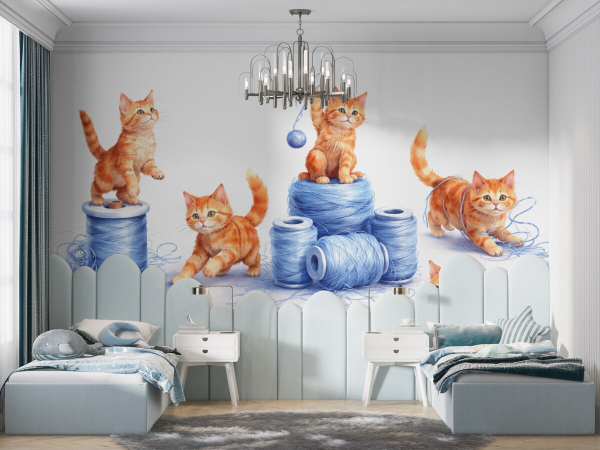 Fototapeta Czerwone kotki bawią się farbami z niebieskimi niteczkami.