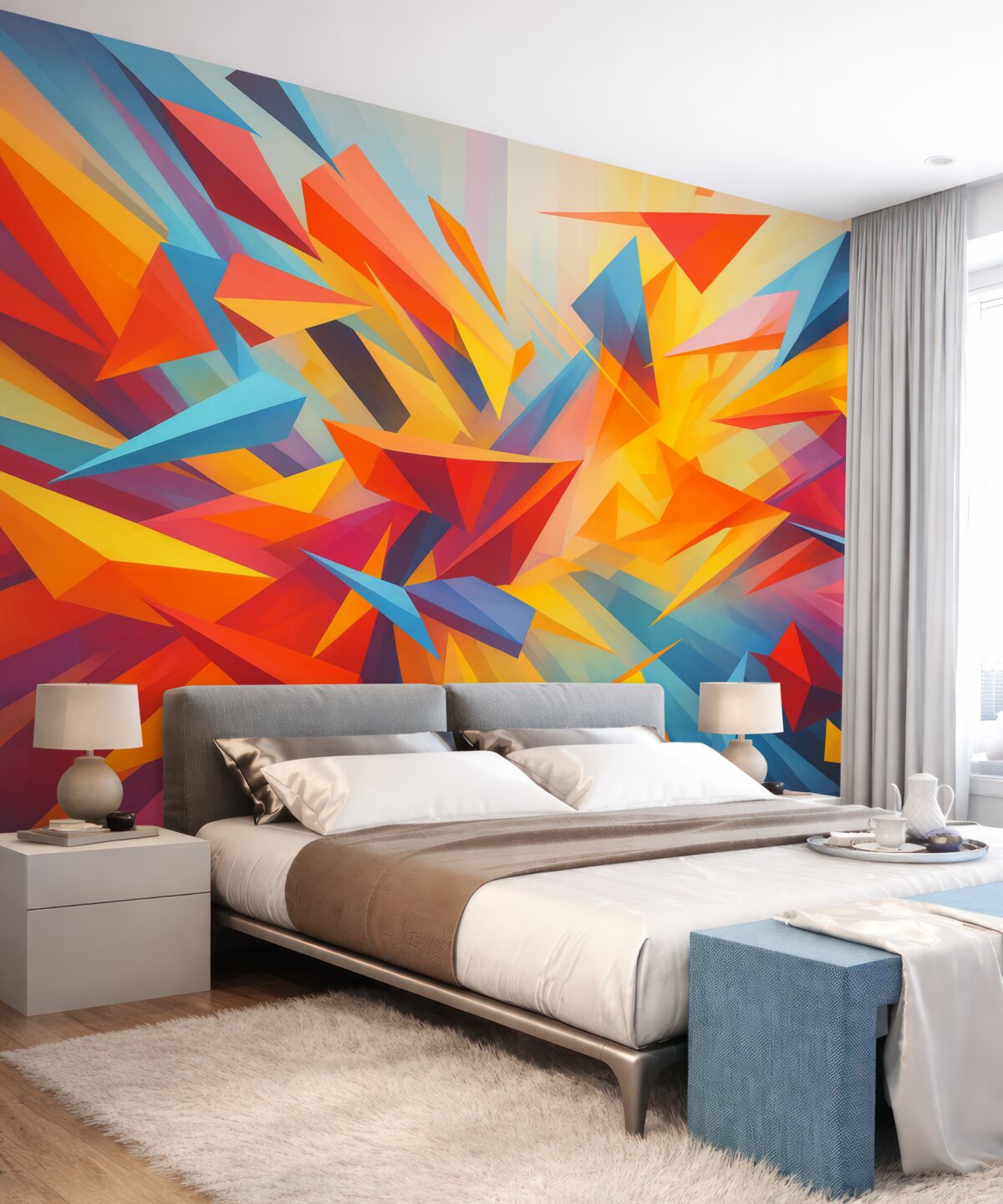 Fototapeta Zamieszanie abstrakcji geometrycznych form, różowy, niebieski, żółty.