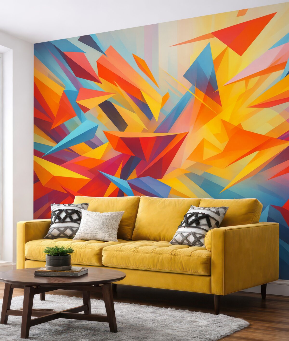 Fototapeta Zamieszanie abstrakcji geometrycznych form, różowy, niebieski, żółty.