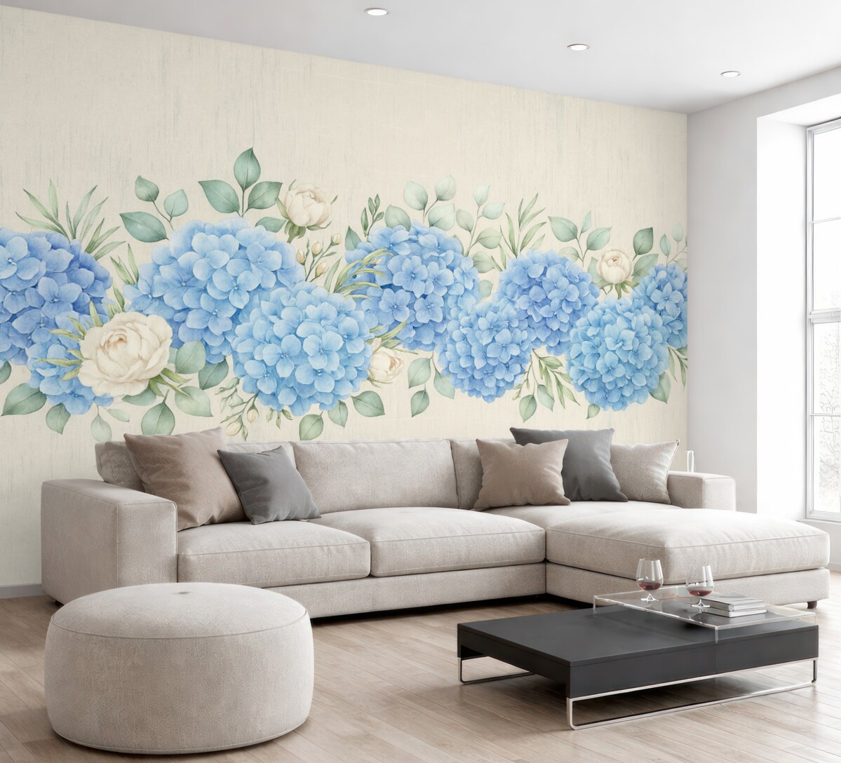 Fototapeta Niebieskie hortensje na stonowanym tle, subtelne niebieskie kwiaty.