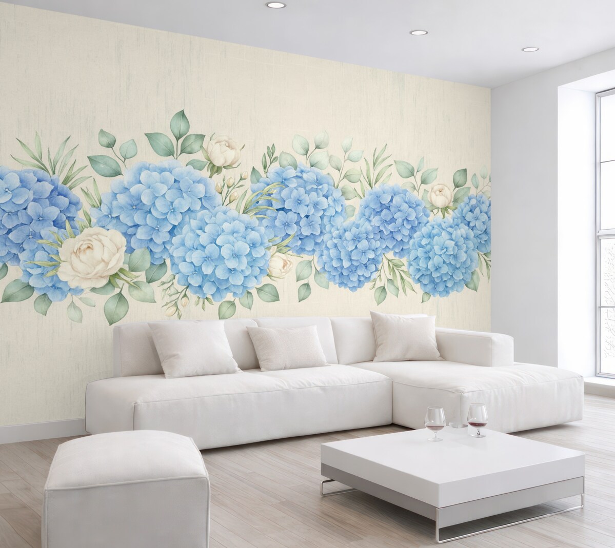 Fototapeta Niebieskie hortensje na stonowanym tle, subtelne niebieskie kwiaty.