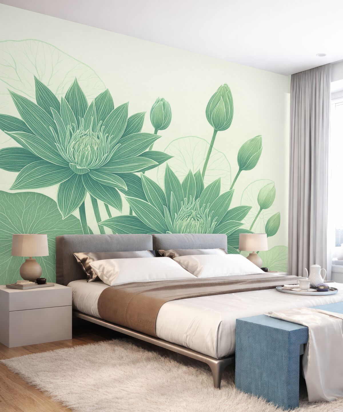 Fototapeta zielone lilie wodne na jasnym tle