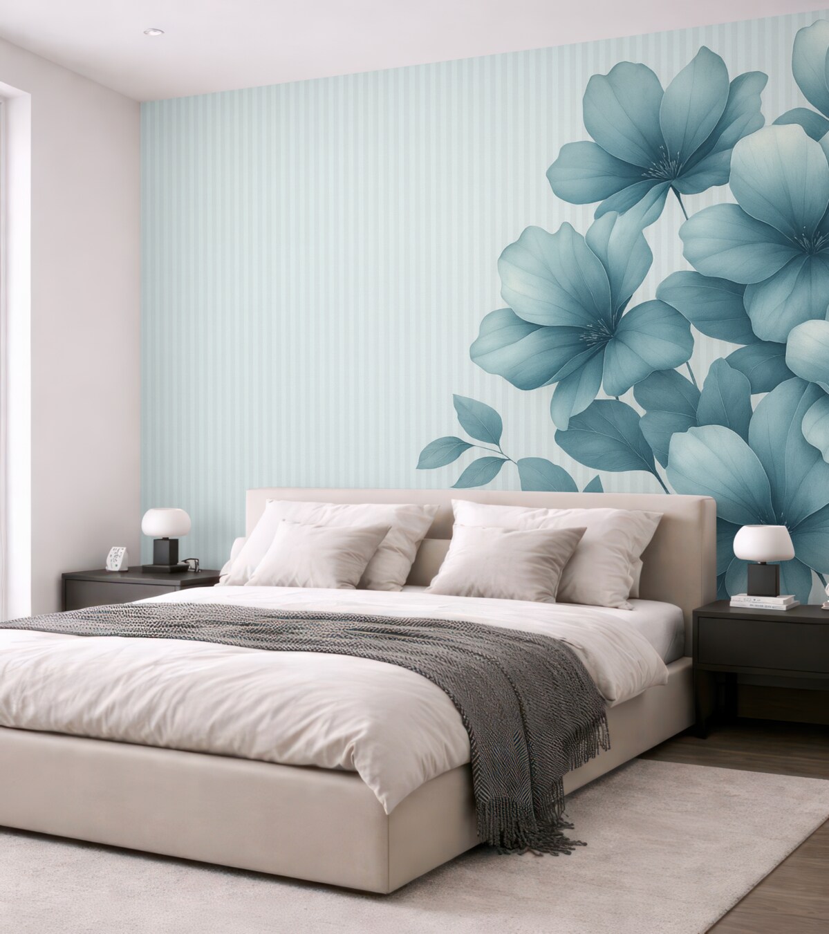 Fototapeta Subtelne niebieskie kwiaty na prążkowanym tle.