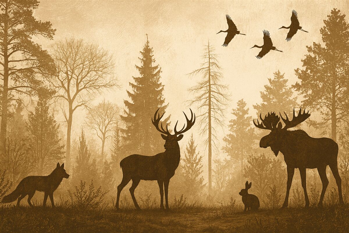 Fototapeta postacie drzew i zwierząt w odcieniu brązowym