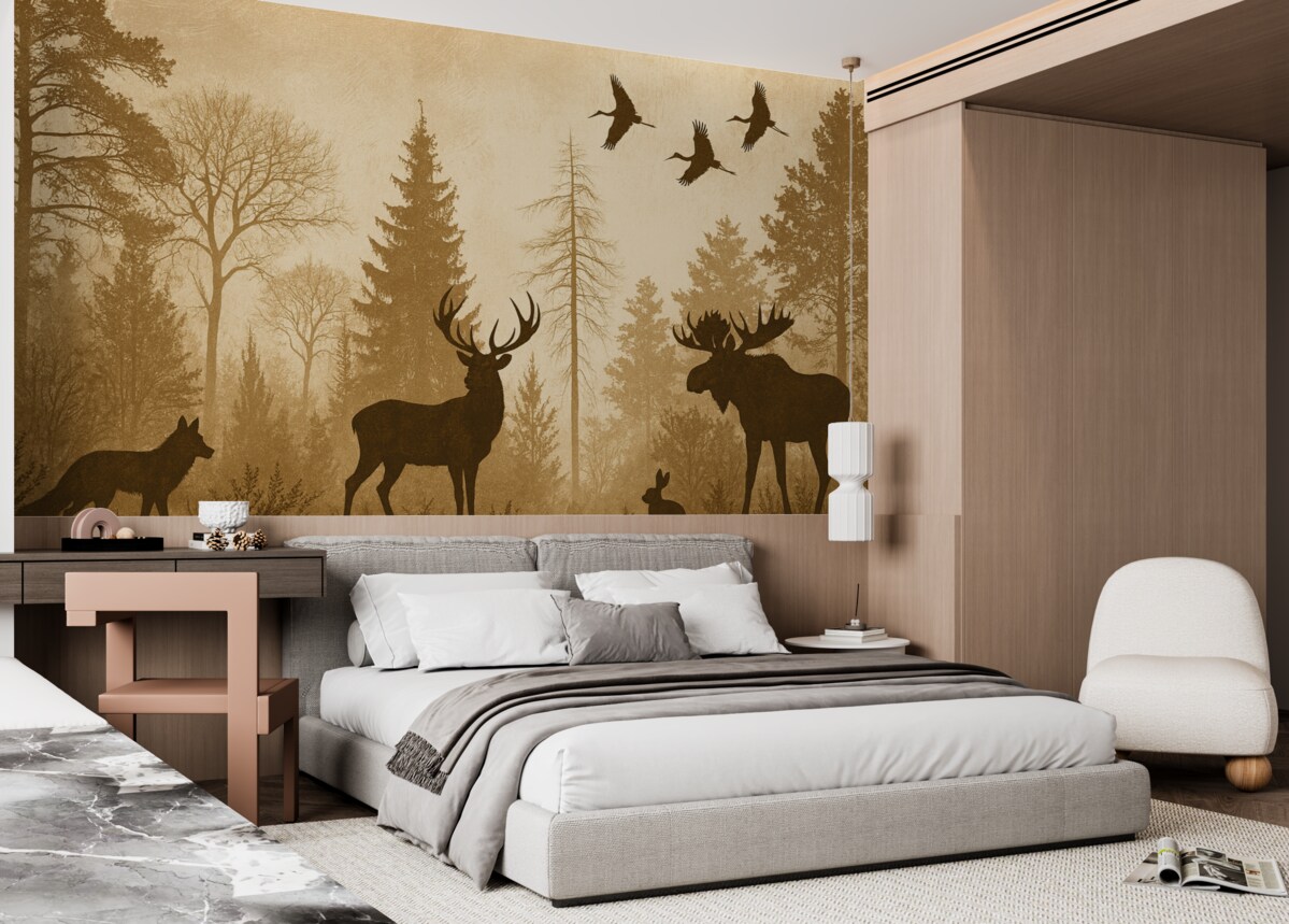 Fototapeta postacie drzew i zwierząt w odcieniu brązowym