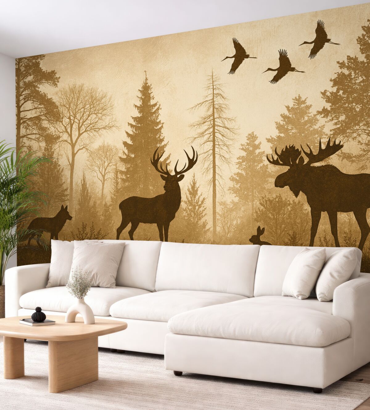 Fototapeta postacie drzew i zwierząt w odcieniu brązowym