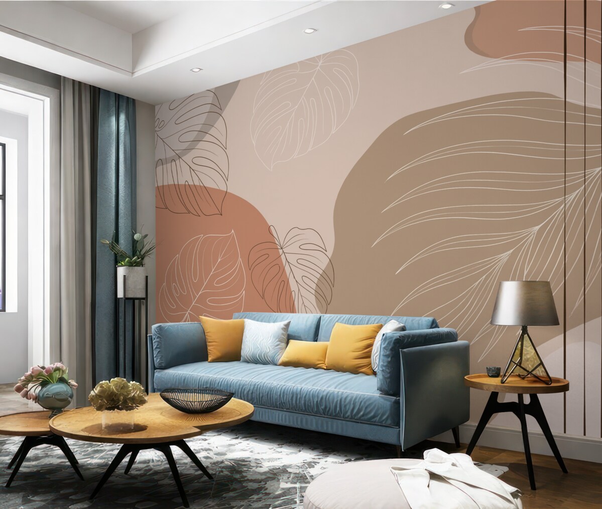 Fototapeta Abstrakcyjny wzór z liśćmi oraz liniami monstera.