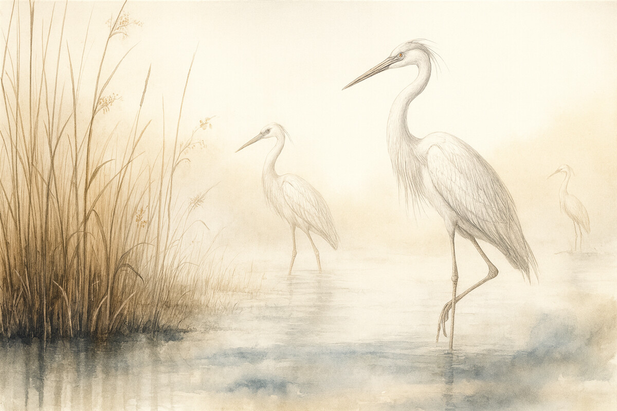 Fototapeta Wodny malunek trzcin oraz czapli.