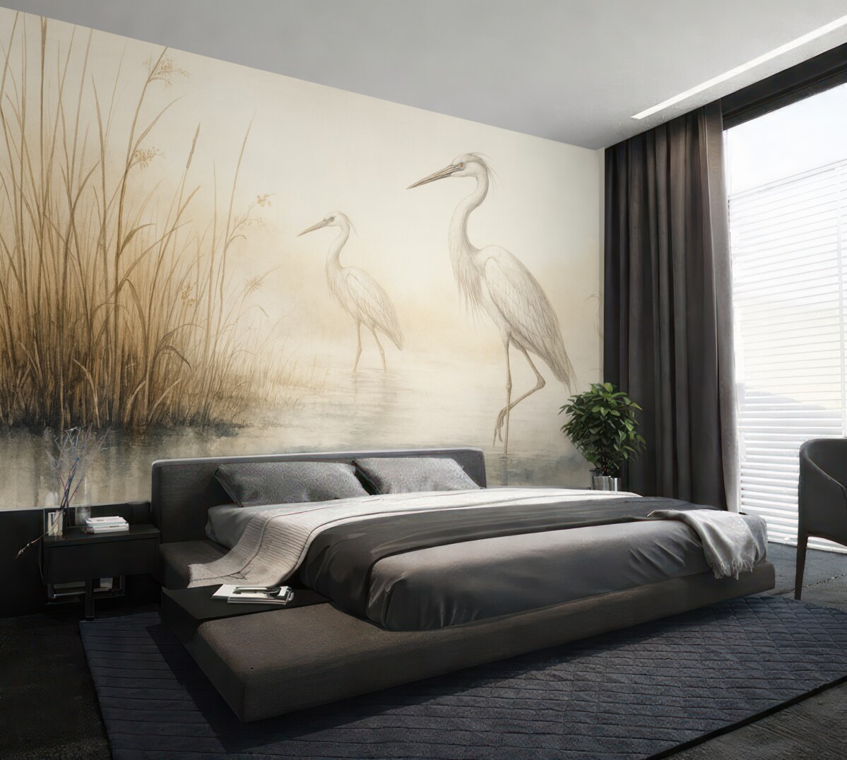 Fototapeta Wodny malunek trzcin oraz czapli.