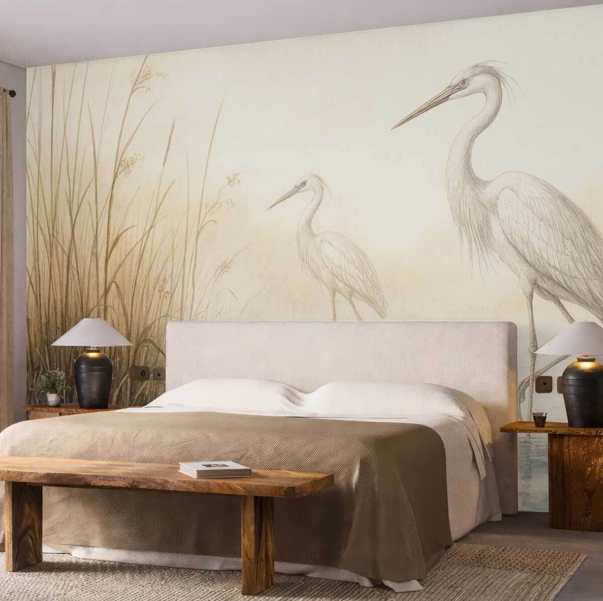 Fototapeta Wodny malunek trzcin oraz czapli.