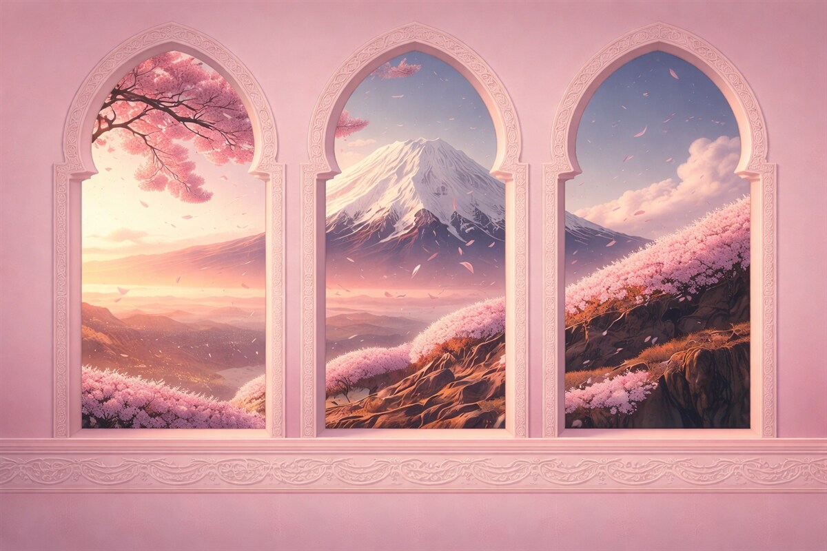 Fototapeta Rozległe okna w orientalnym stylu z zachwycającym widokiem na górę Fuji w subtelnym brzoskwiniowym odcieniu.