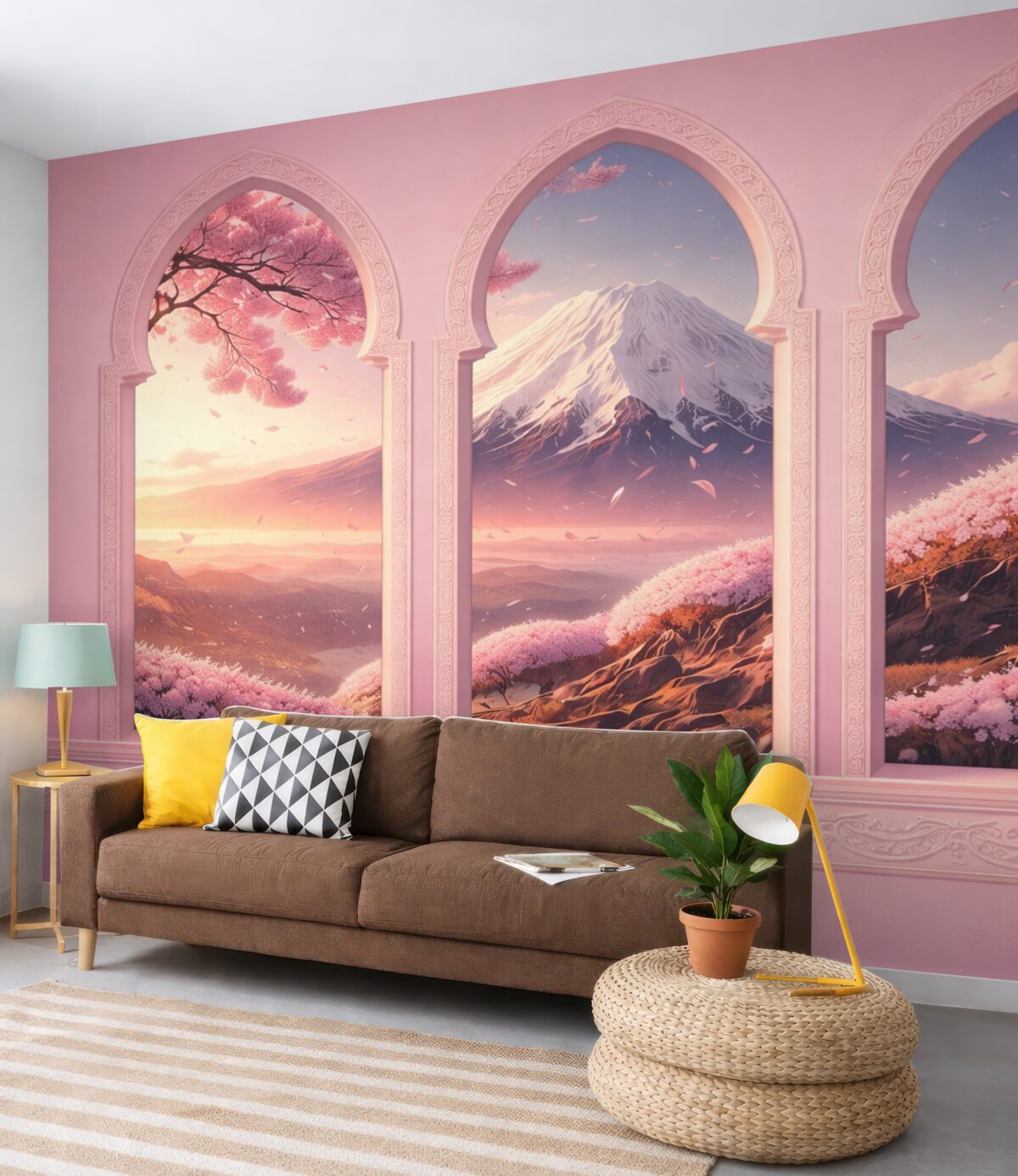 Fototapeta Rozległe okna w orientalnym stylu z zachwycającym widokiem na górę Fuji w subtelnym brzoskwiniowym odcieniu.