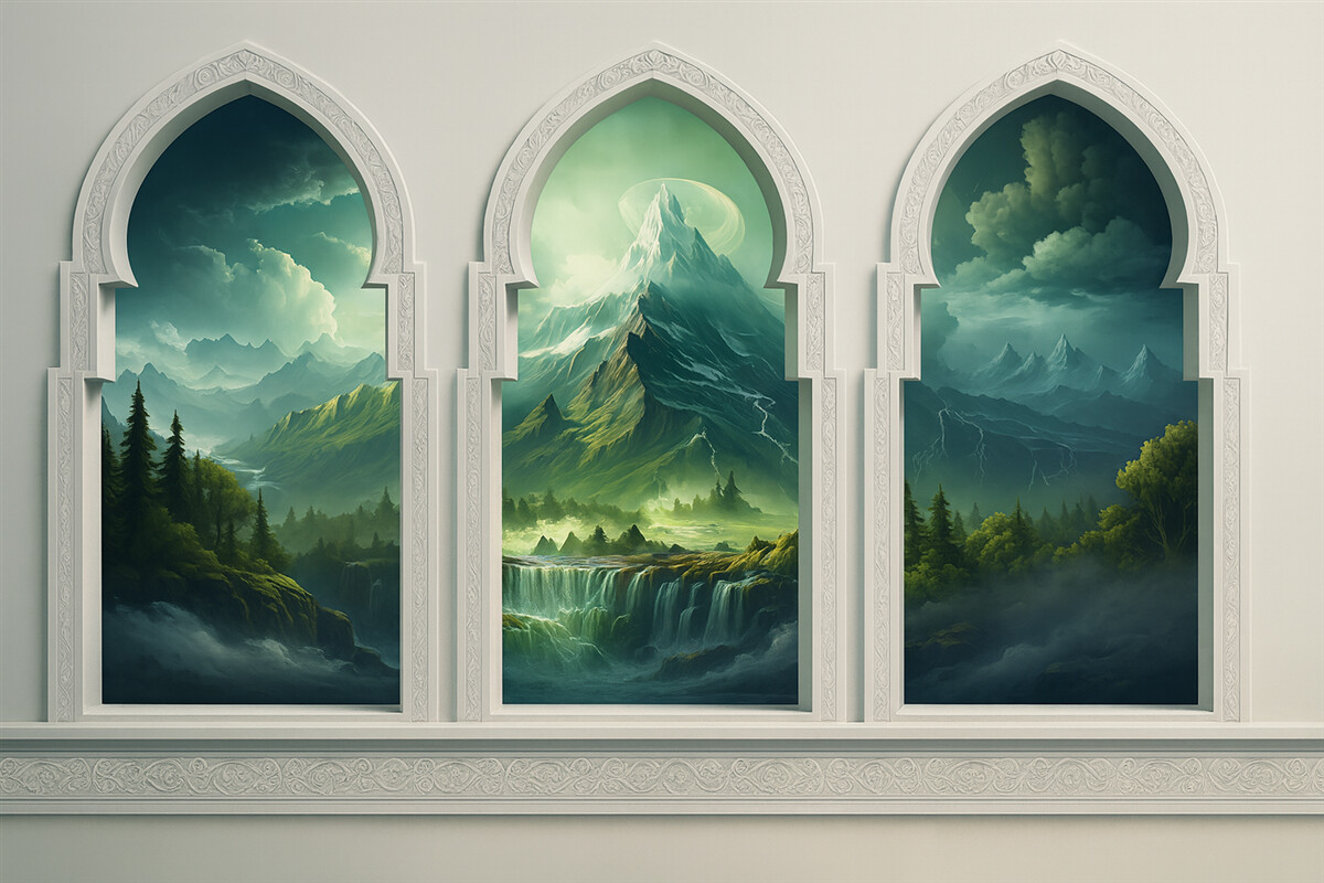 Fototapeta Rozległe okna w orientalnym stylu z imponującym widokiem na zielony, tajemniczy pejzaż z górami i chmurami.