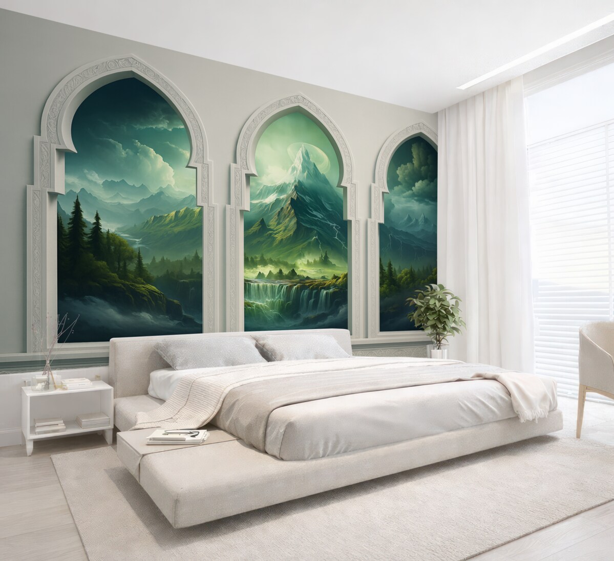 Fototapeta Rozległe okna w orientalnym stylu z imponującym widokiem na zielony, tajemniczy pejzaż z górami i chmurami.