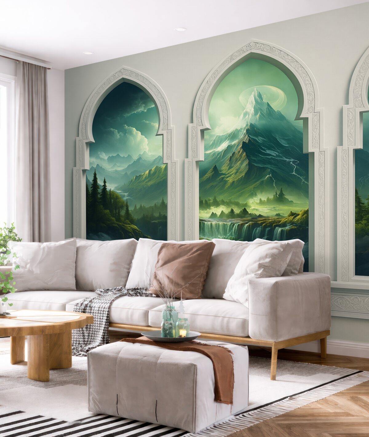 Fototapeta Rozległe okna w orientalnym stylu z imponującym widokiem na zielony, tajemniczy pejzaż z górami i chmurami.