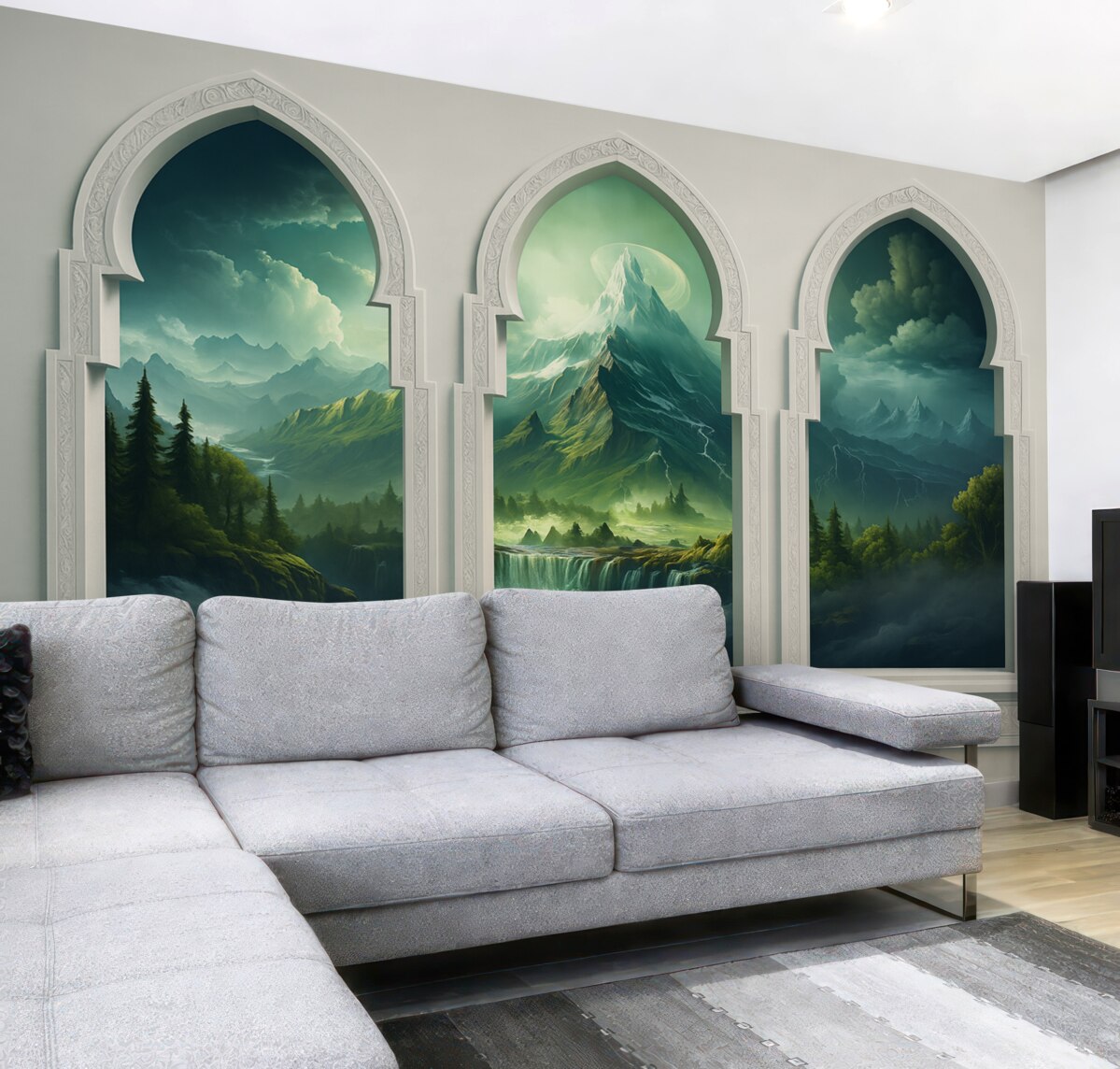 Fototapeta Rozległe okna w orientalnym stylu z imponującym widokiem na zielony, tajemniczy pejzaż z górami i chmurami.