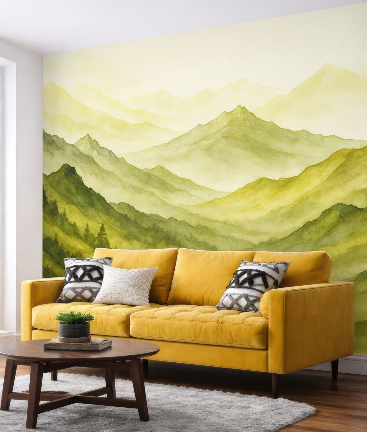 Fototapeta Zielone łańcuchy górskie, wilgotna akwarela.