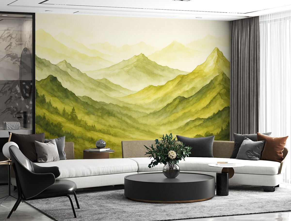 Fototapeta Zielone łańcuchy górskie, wilgotna akwarela.