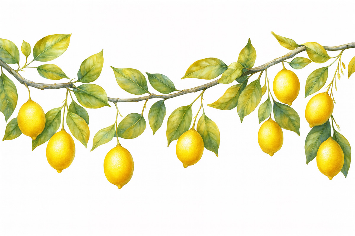 Fototapeta Styl retro z liśćmi i owocami w akwareli cytrynowej.