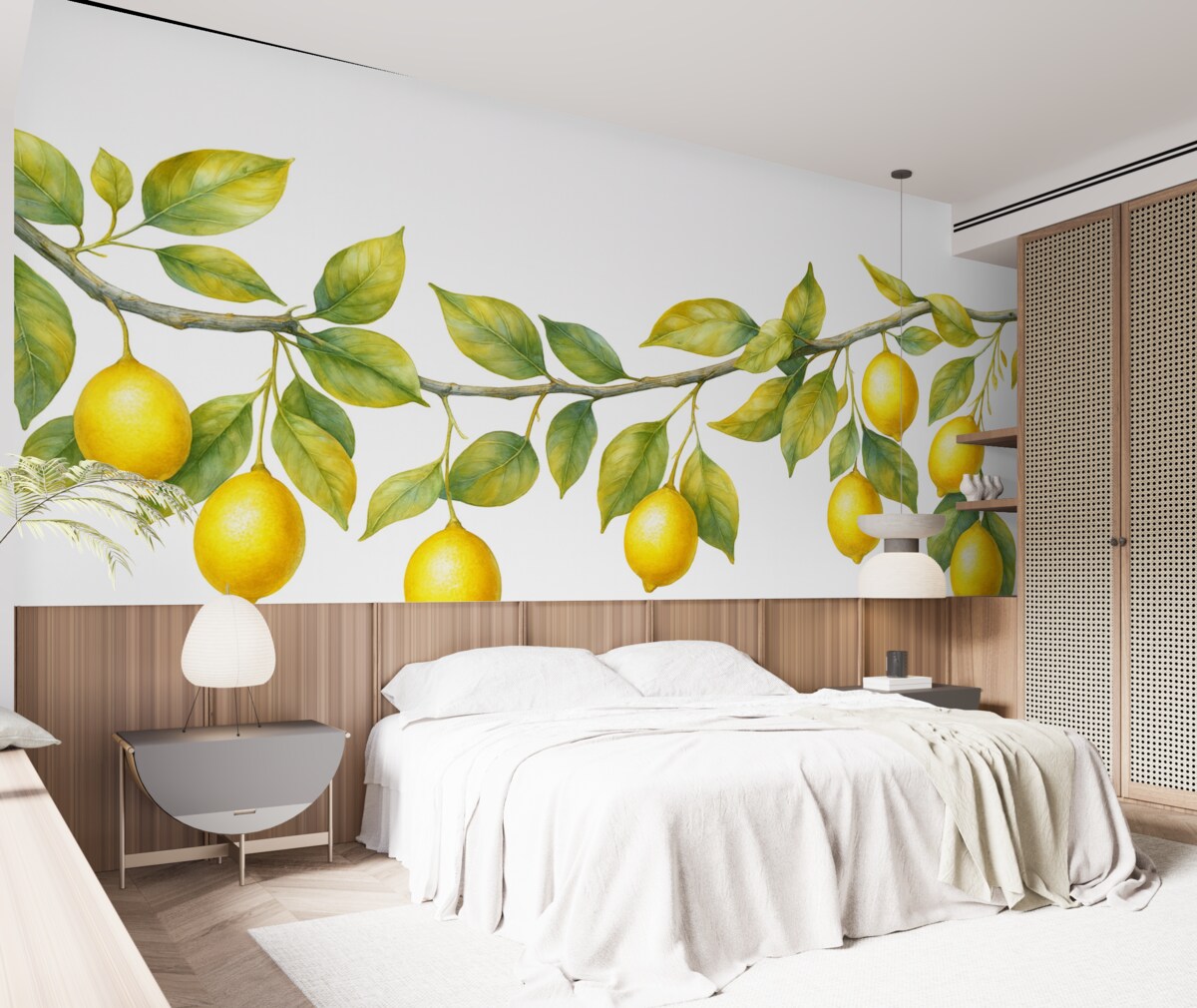 Fototapeta Styl retro z liśćmi i owocami w akwareli cytrynowej.