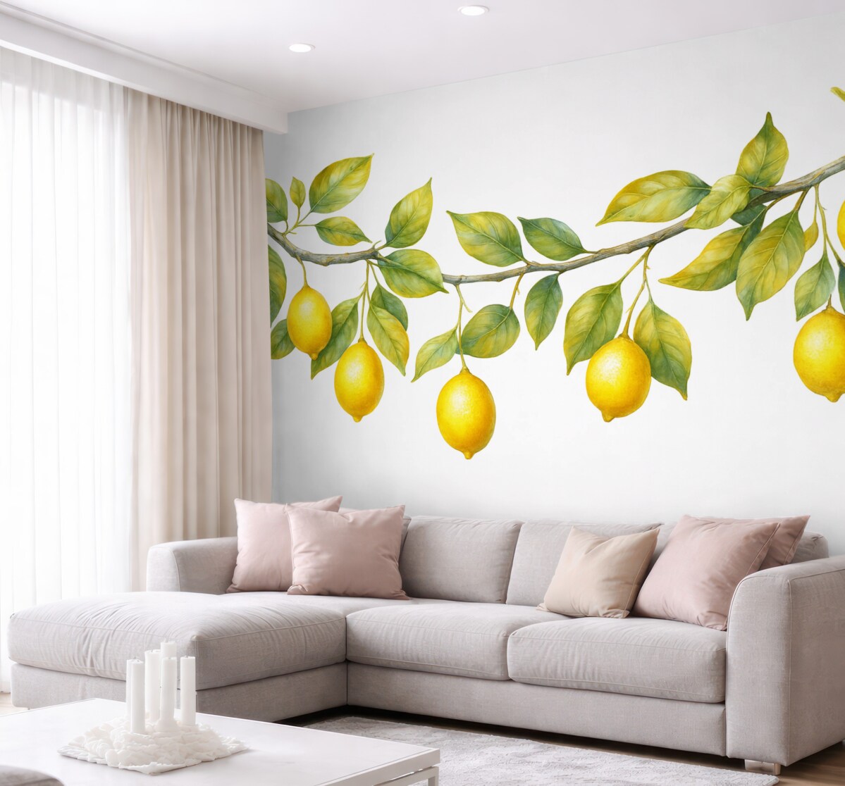 Fototapeta Styl retro z liśćmi i owocami w akwareli cytrynowej.