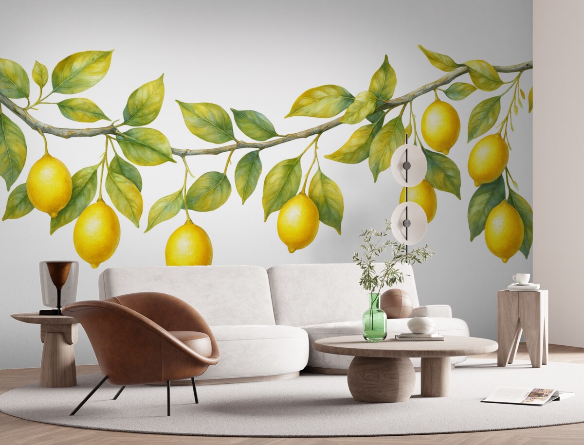 Fototapeta Styl retro z liśćmi i owocami w akwareli cytrynowej.