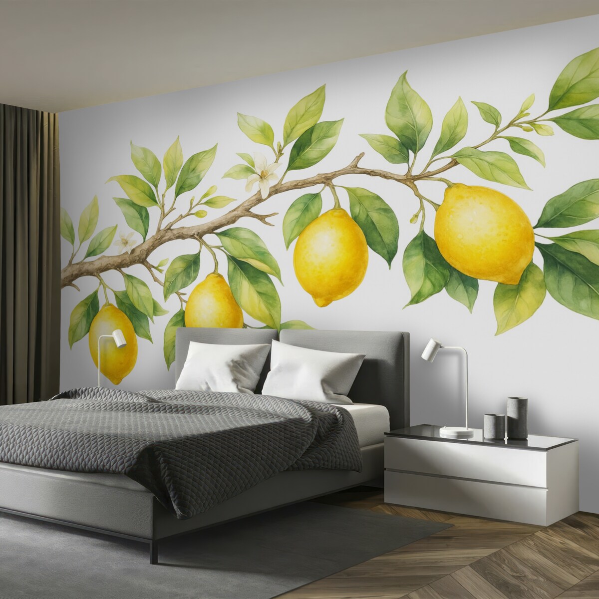 Fototapeta Gałązka akwarelowa z listkami cytryny i owocami.