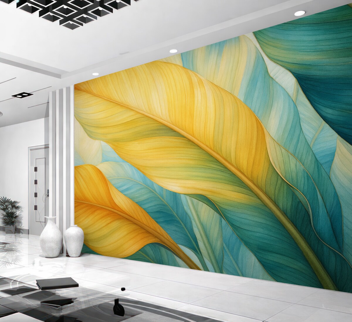 Fototapeta Akwarela zostawia duże, żółte, zielone i błękitne.