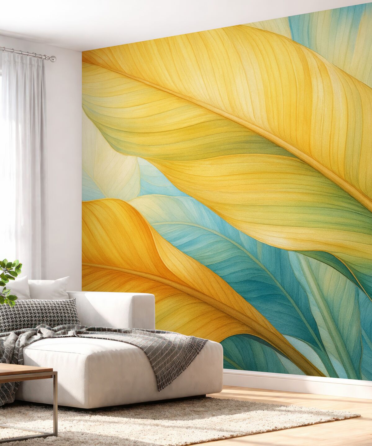 Fototapeta Akwarela zostawia duże, żółte, zielone i błękitne.