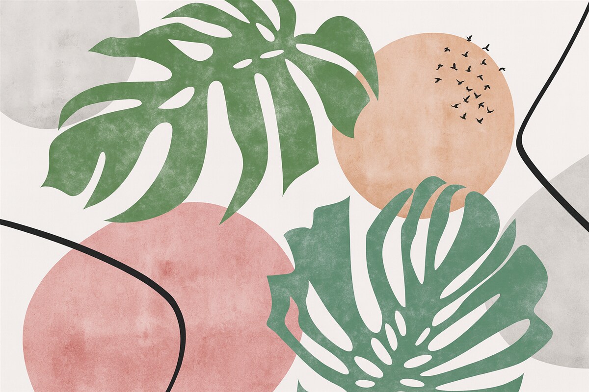 Fototapeta Teksturowane liście monstery z tropików, geometryczne wzory, różowy, zielony odcień.