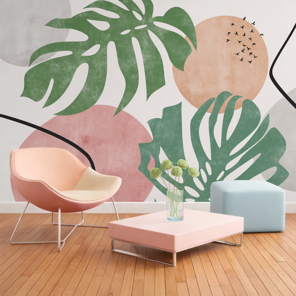 Fototapeta Teksturowane liście monstery z tropików, geometryczne wzory, różowy, zielony odcień.