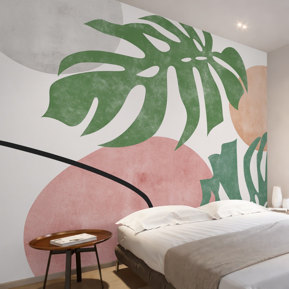 Fototapeta Teksturowane liście monstery z tropików, geometryczne wzory, różowy, zielony odcień.