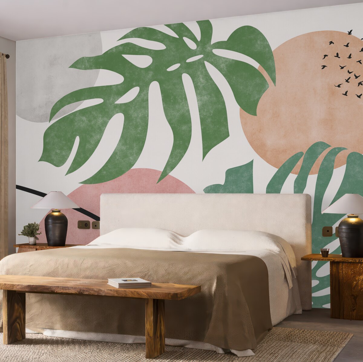 Fototapeta Teksturowane liście monstery z tropików, geometryczne wzory, różowy, zielony odcień.