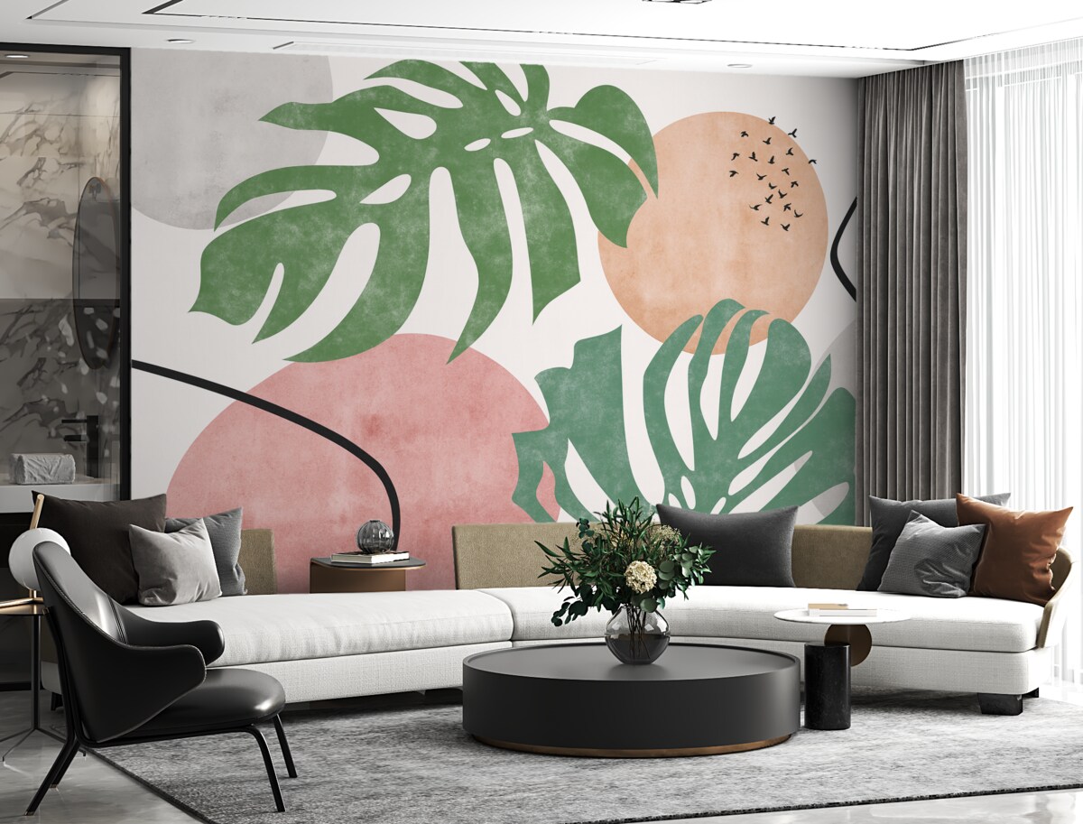 Fototapeta Teksturowane liście monstery z tropików, geometryczne wzory, różowy, zielony odcień.