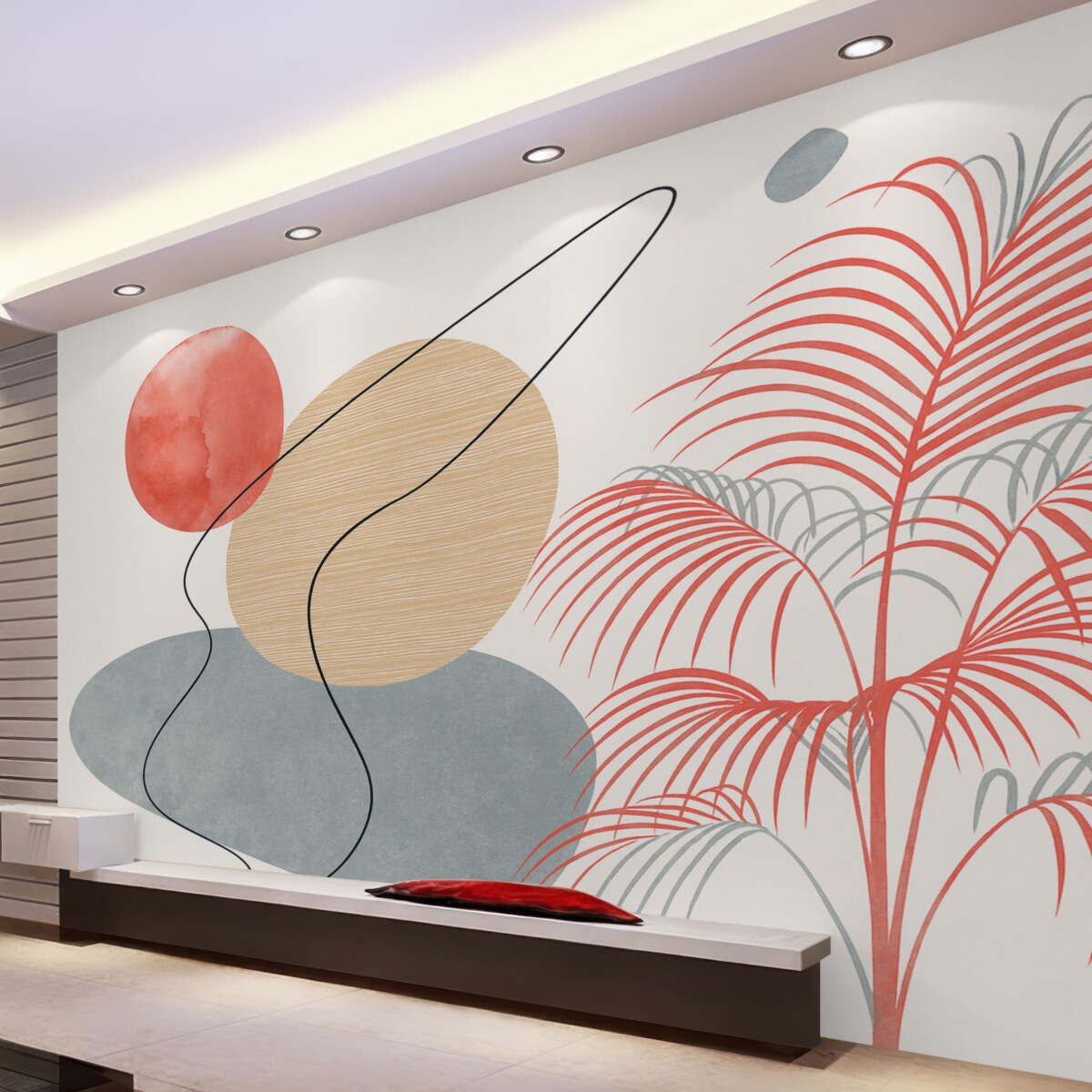 Fototapeta Geometryczne wzorzyste plamy, palma, kreski, barwa niebieska, czerwona, beżowa.