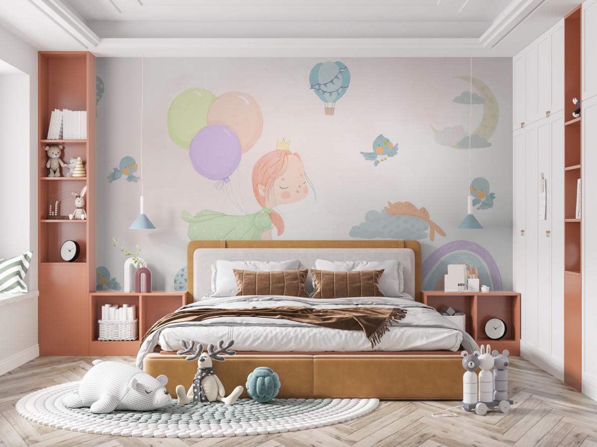 Fototapeta Dziewczyna, kolorowy łuk, balony oraz ptaki.