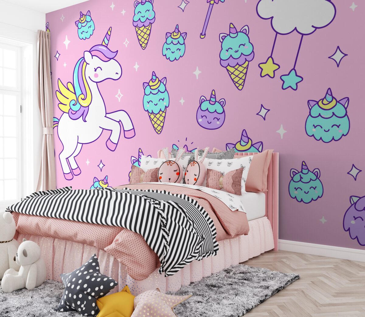 Fototapeta Jednorożec, tęcza na różowym tle.