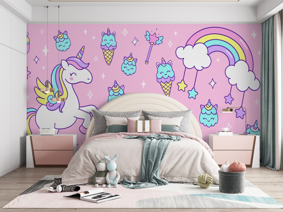 Fototapeta Jednorożec, tęcza na różowym tle.