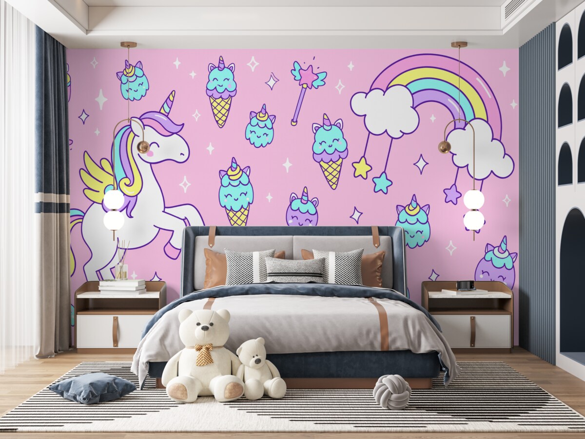 Fototapeta Jednorożec, tęcza na różowym tle.