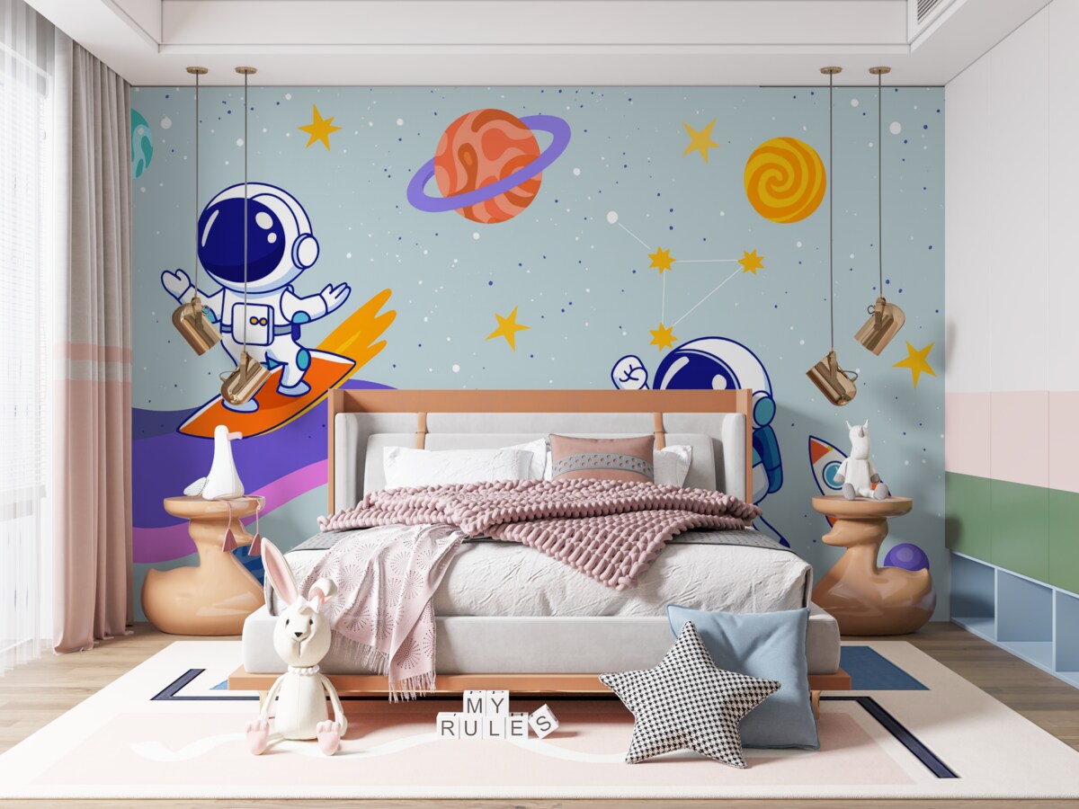 Fototapeta astronauci oraz planety na błękitnym tle