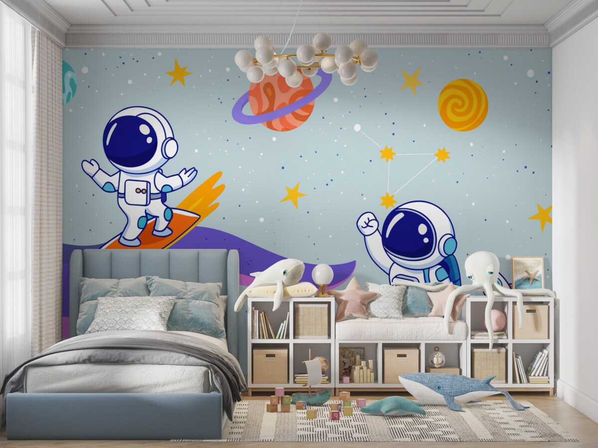 Fototapeta astronauci oraz planety na błękitnym tle