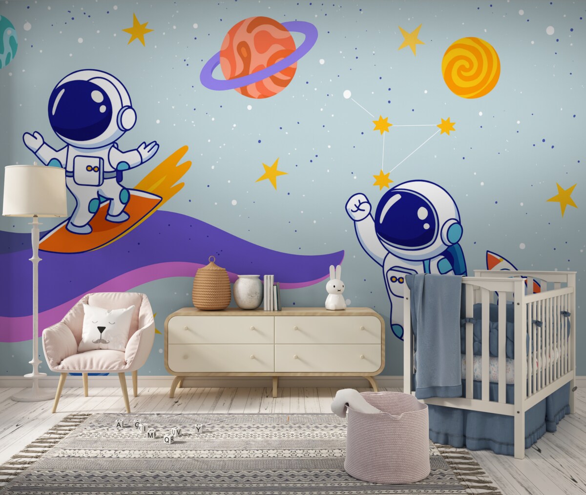 Fototapeta astronauci oraz planety na błękitnym tle