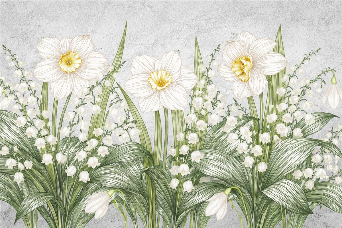 Fototapeta Konwalie oraz duże białe kwiatuszki na tle betonu.