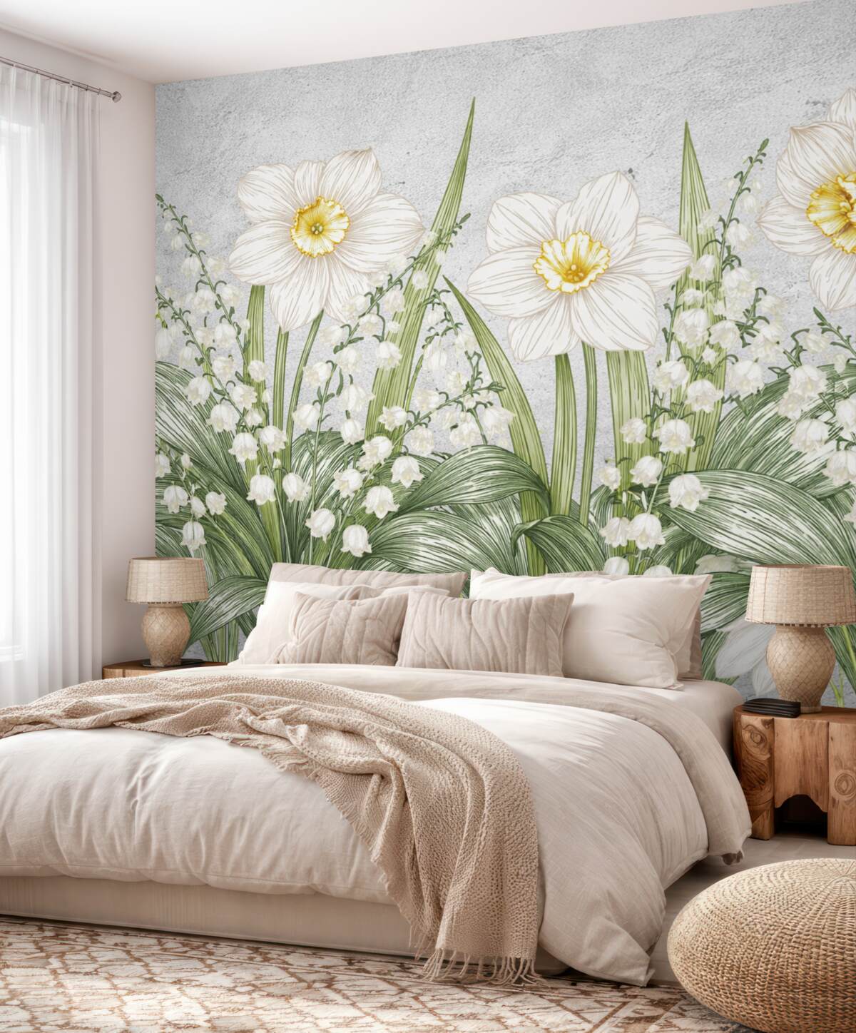 Fototapeta Konwalie oraz duże białe kwiatuszki na tle betonu.