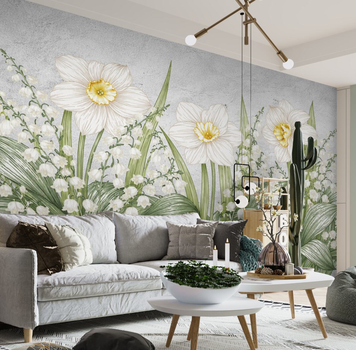 Fototapeta Konwalie oraz duże białe kwiatuszki na tle betonu.