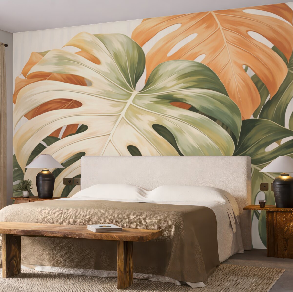 Fototapeta Z bliska Monstera Liście Obraz na płótnie w odcieniach zieleni i pomarańczu.