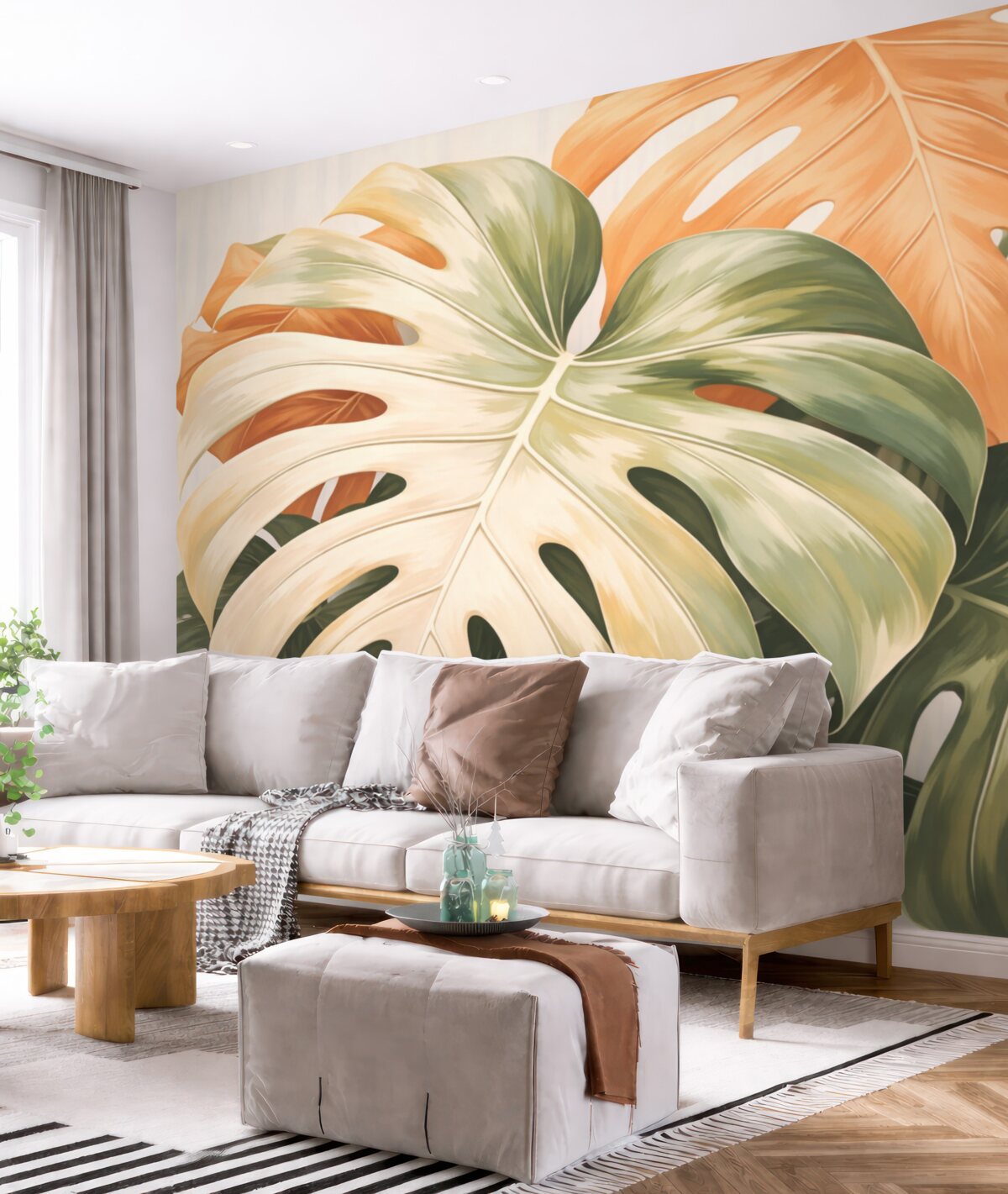 Fototapeta Z bliska Monstera Liście Obraz na płótnie w odcieniach zieleni i pomarańczu.