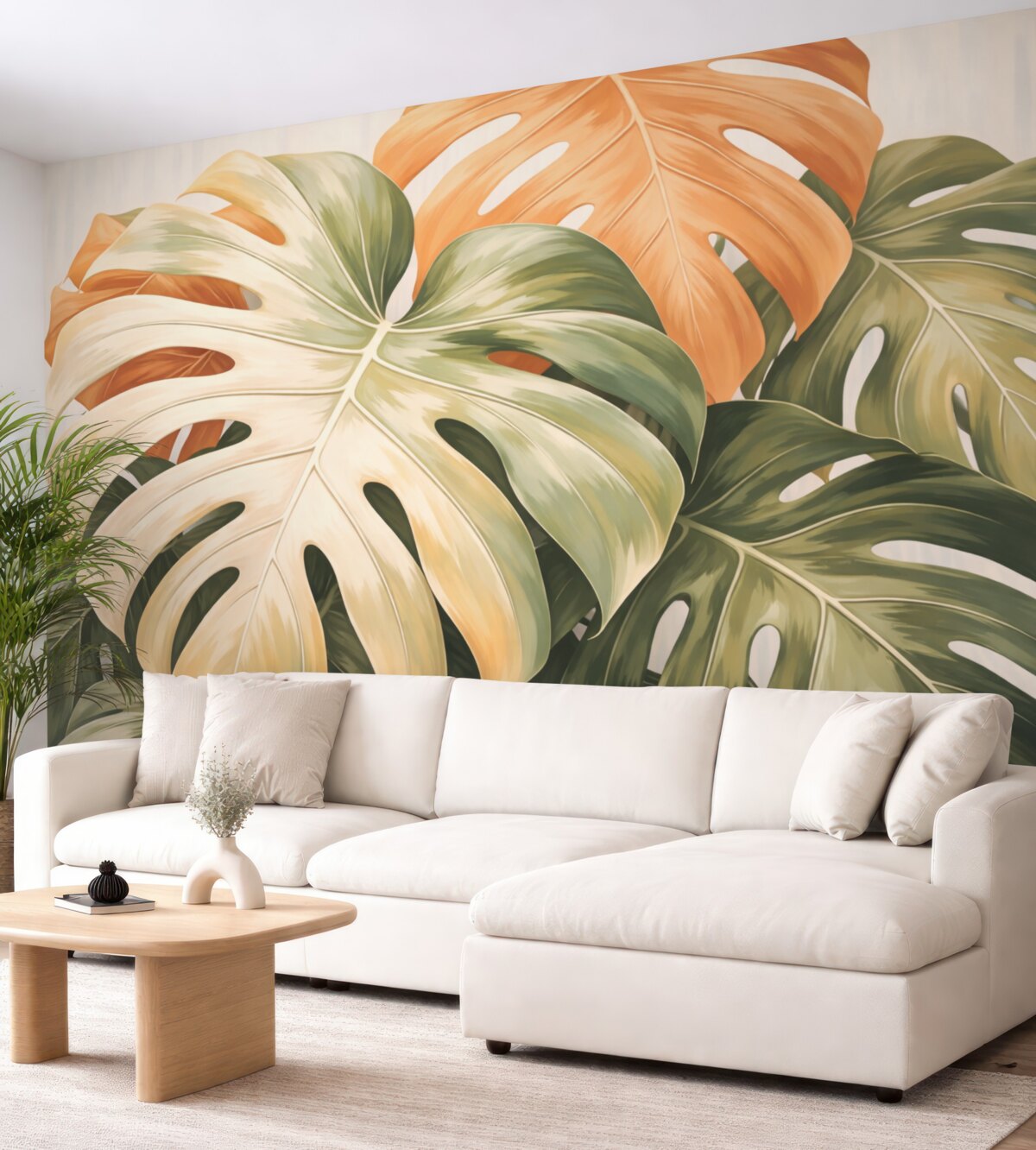 Fototapeta Z bliska Monstera Liście Obraz na płótnie w odcieniach zieleni i pomarańczu.