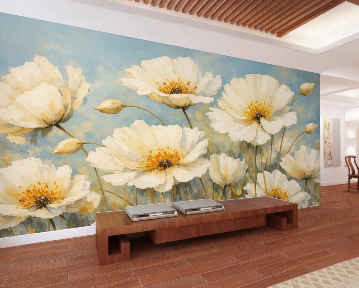 Fototapeta Vintage białe maki na niebieskim płótnie olejnym.