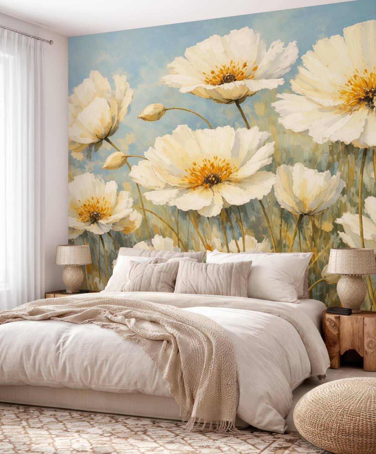 Fototapeta Vintage białe maki na niebieskim płótnie olejnym.